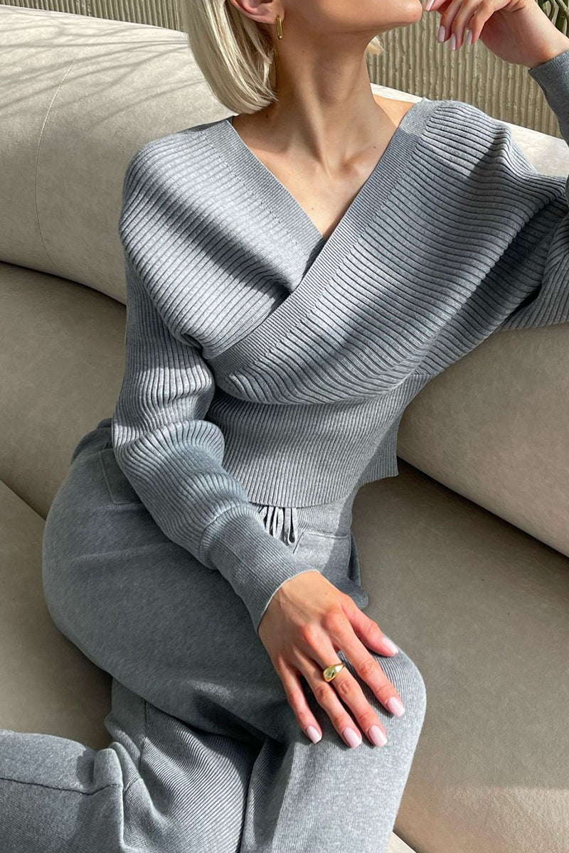 Batwing Sleeve Wrap Knit Sweater and Pants Set