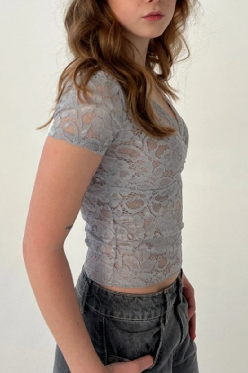 Deep V-Neck Lace Short Sleeve Crop Top