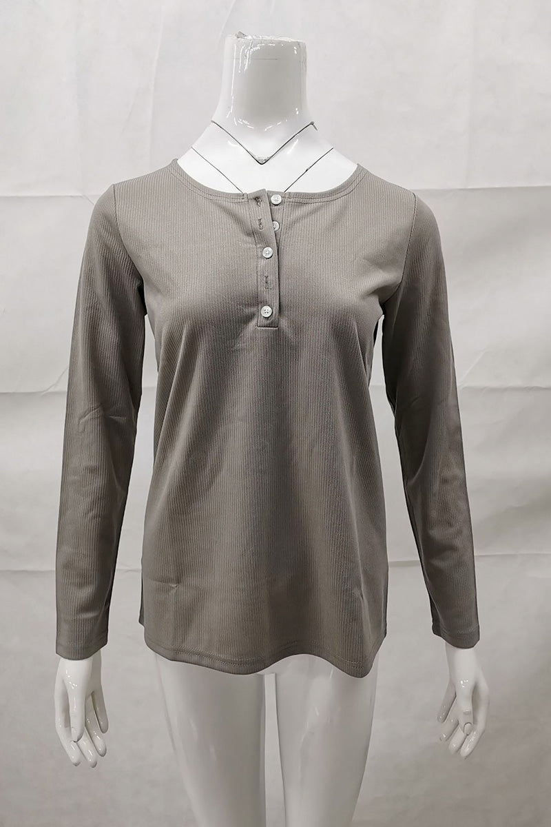 Long Sleeve Ribbed Top with Buttoned Neckline