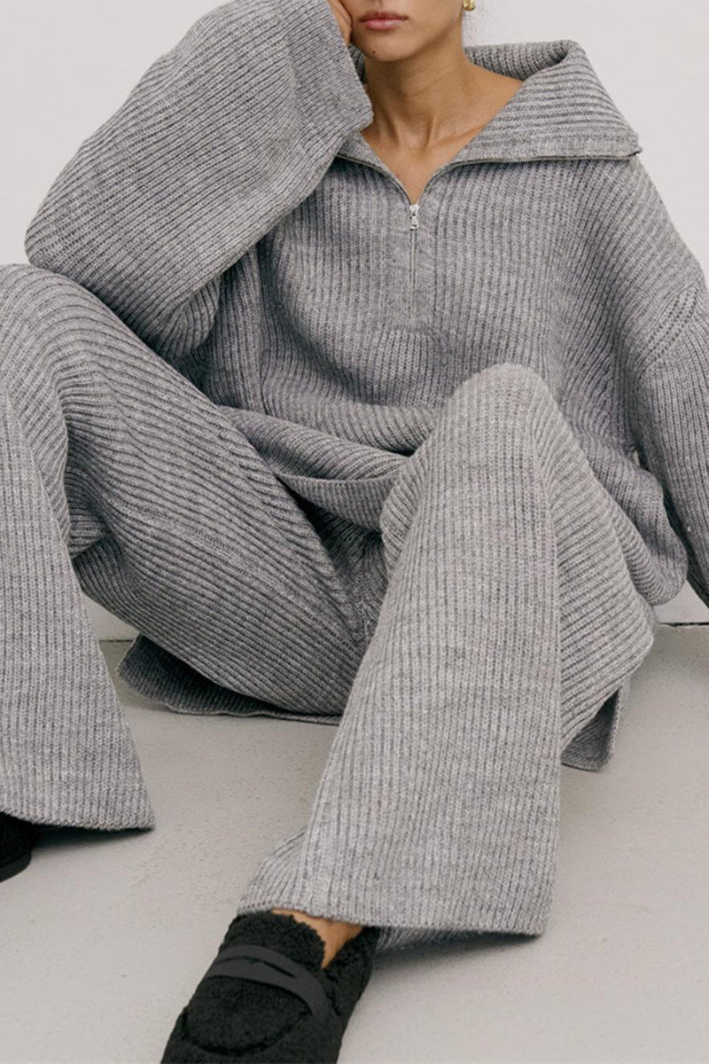 Ribbed Knit Half-Zip Pullover and Pants Set