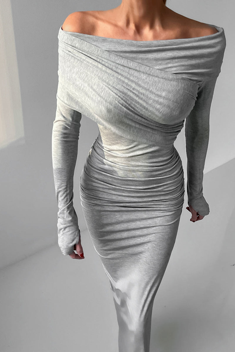 Ruched Off-Shoulder Long Sleeve Dress