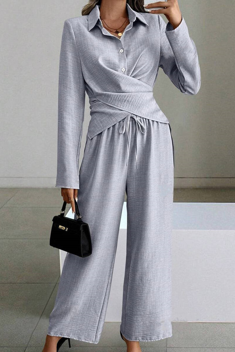 Collared Wrap-Effect Blouse and Pants Set