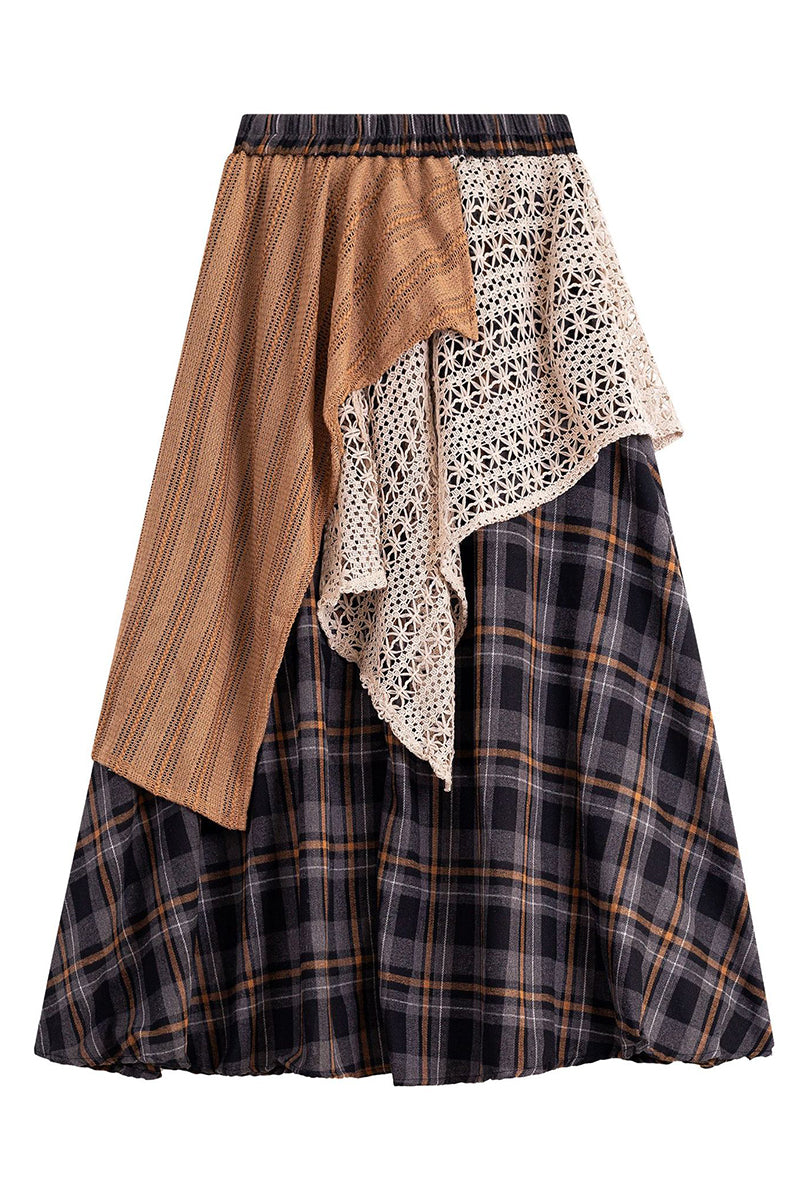 Asymmetrical Plaid Patchwork Midi Skirt