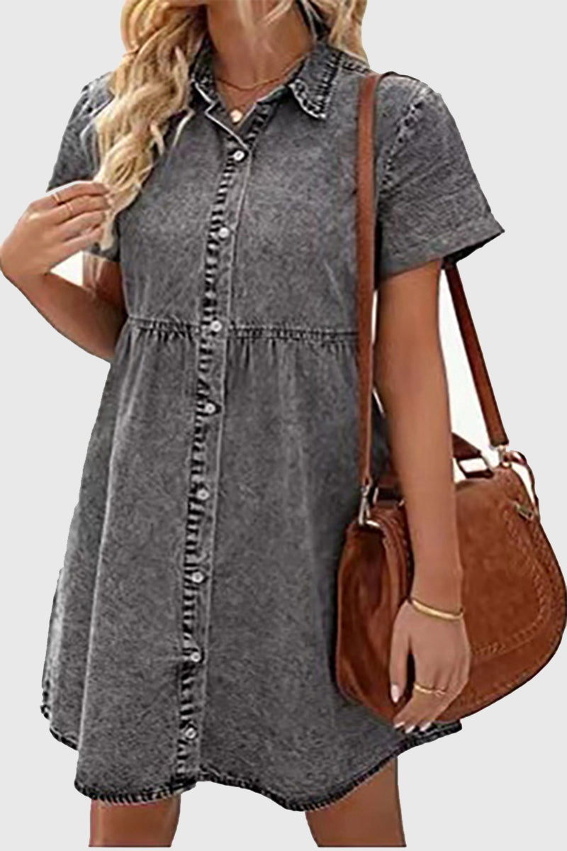 Short-Sleeve Denim Button-Up Dress