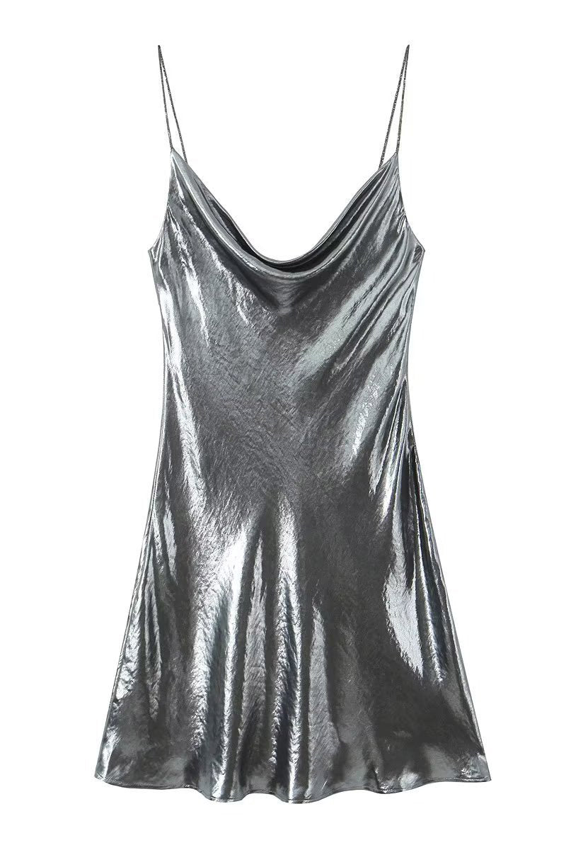 Draped Metallic Cowl Neck Mini Dress