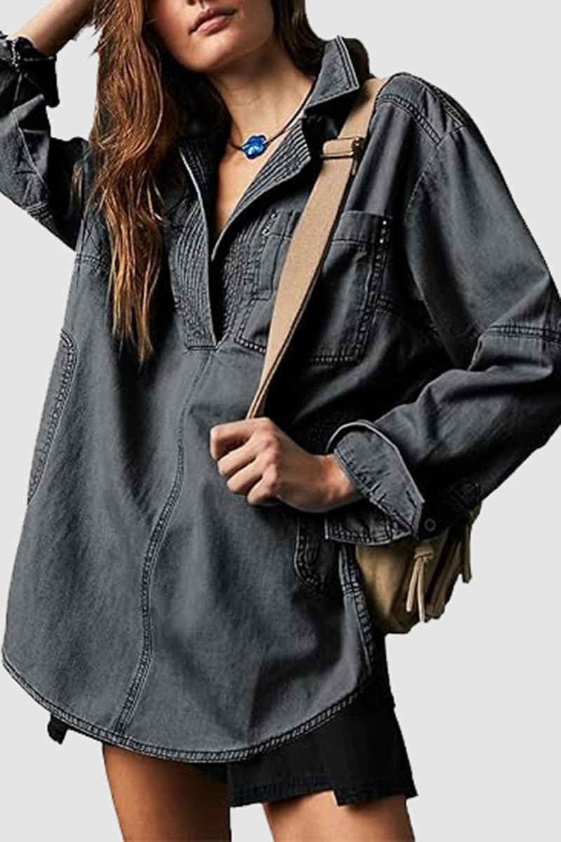 Oversized Denim Button-Up V-Neck Shirt