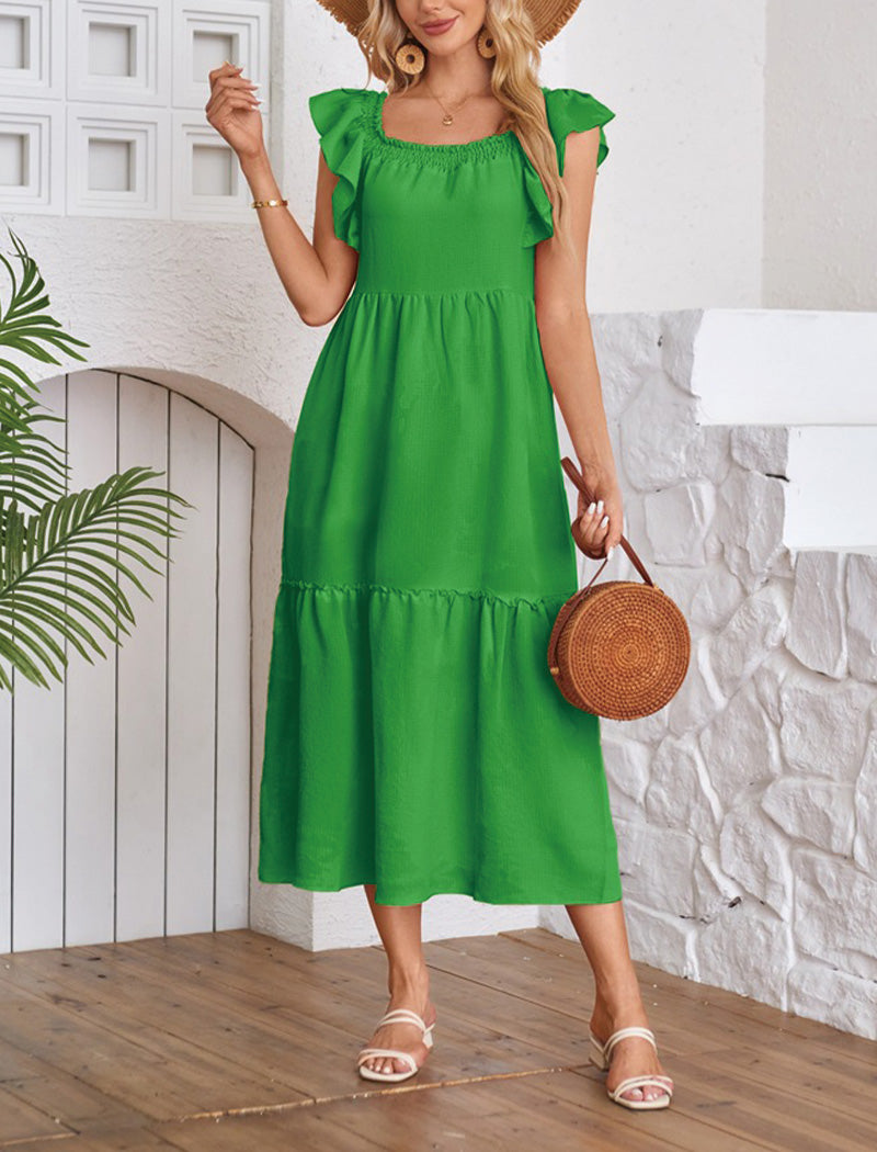 Ruffled-Sleeve Square Neck Midi Dress