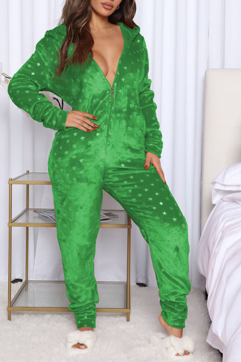 Christmas Print Long Sleeves Zipper Front Jumpsuit