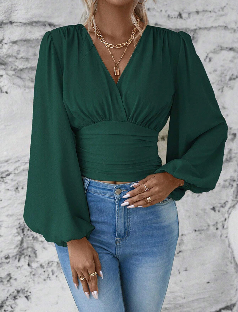 Ruched V-Neck Puff Sleeve Blouse