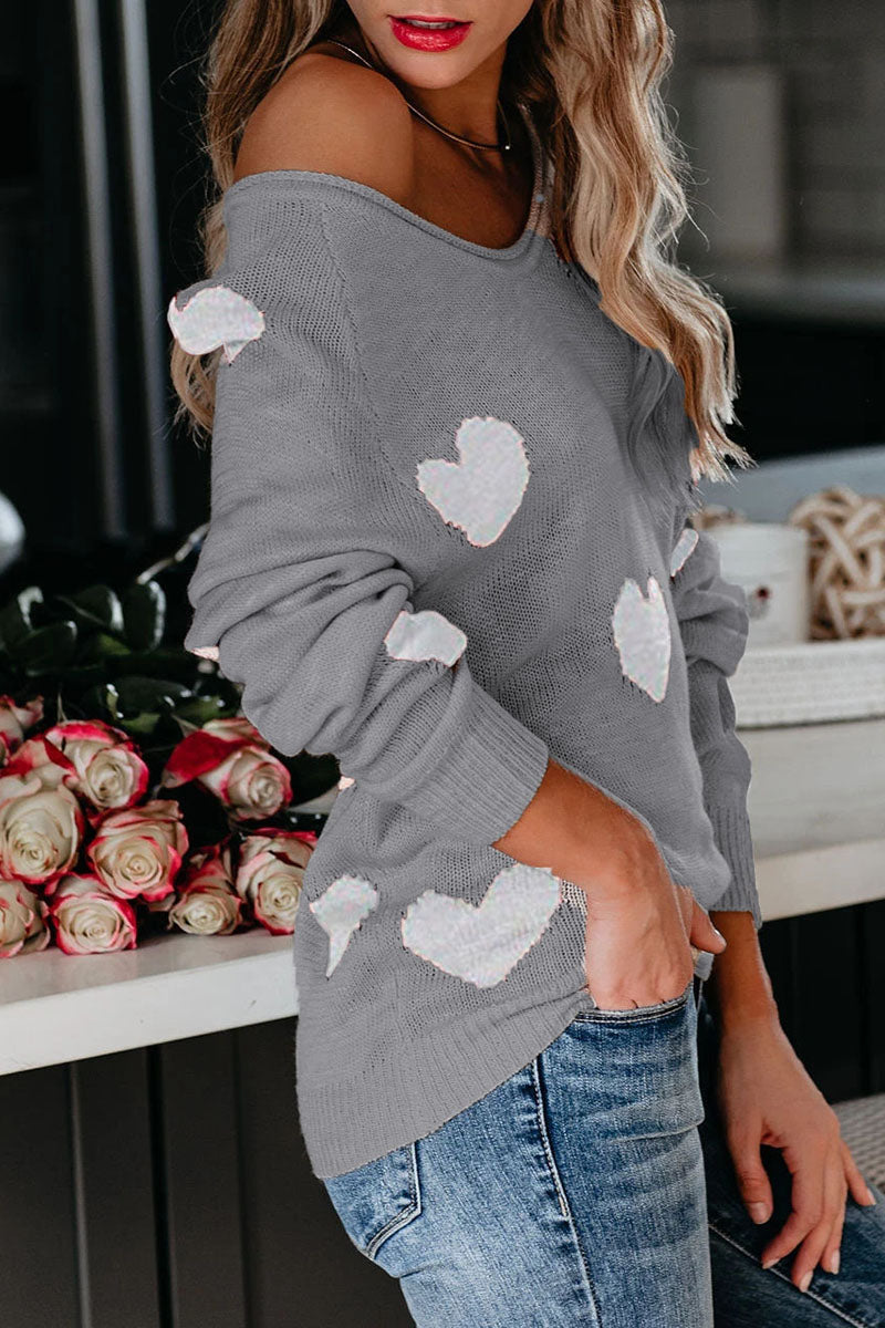 Off-Shoulder Heart Knit Sweater