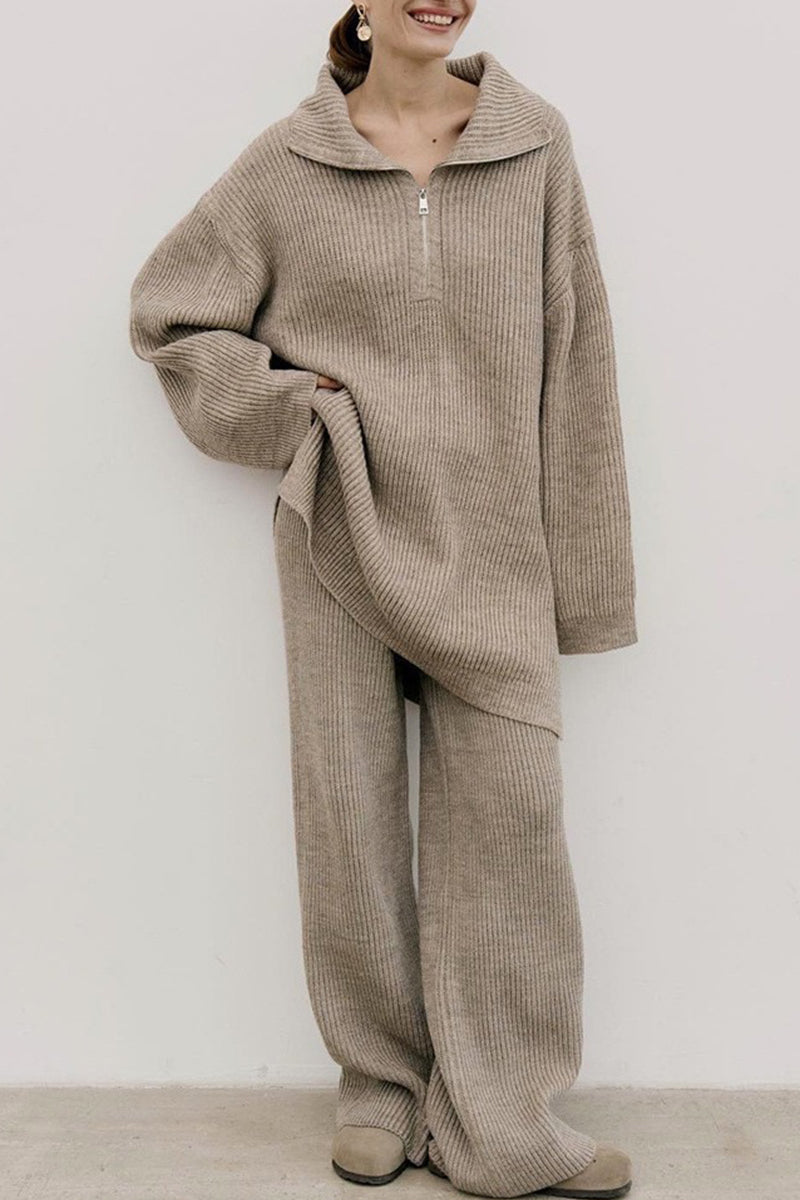 Ribbed Knit Half-Zip Pullover and Pants Set