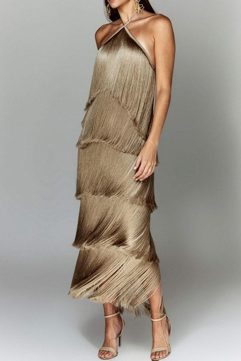 Tiered Fringe Halter Dress