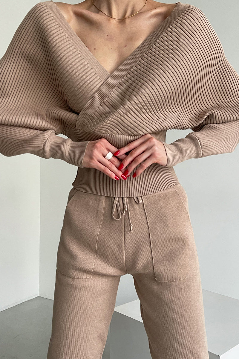 Batwing Sleeve Wrap Knit Sweater and Pants Set