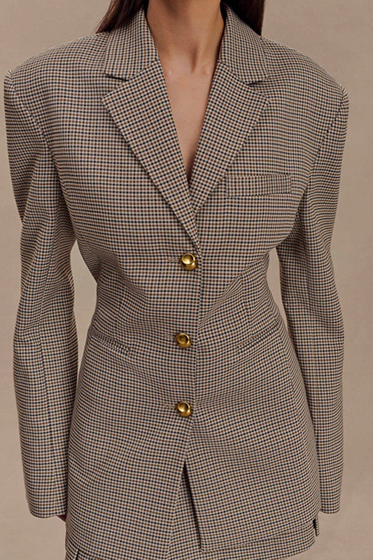 Tailored Plaid Blazer with Gold Buttons