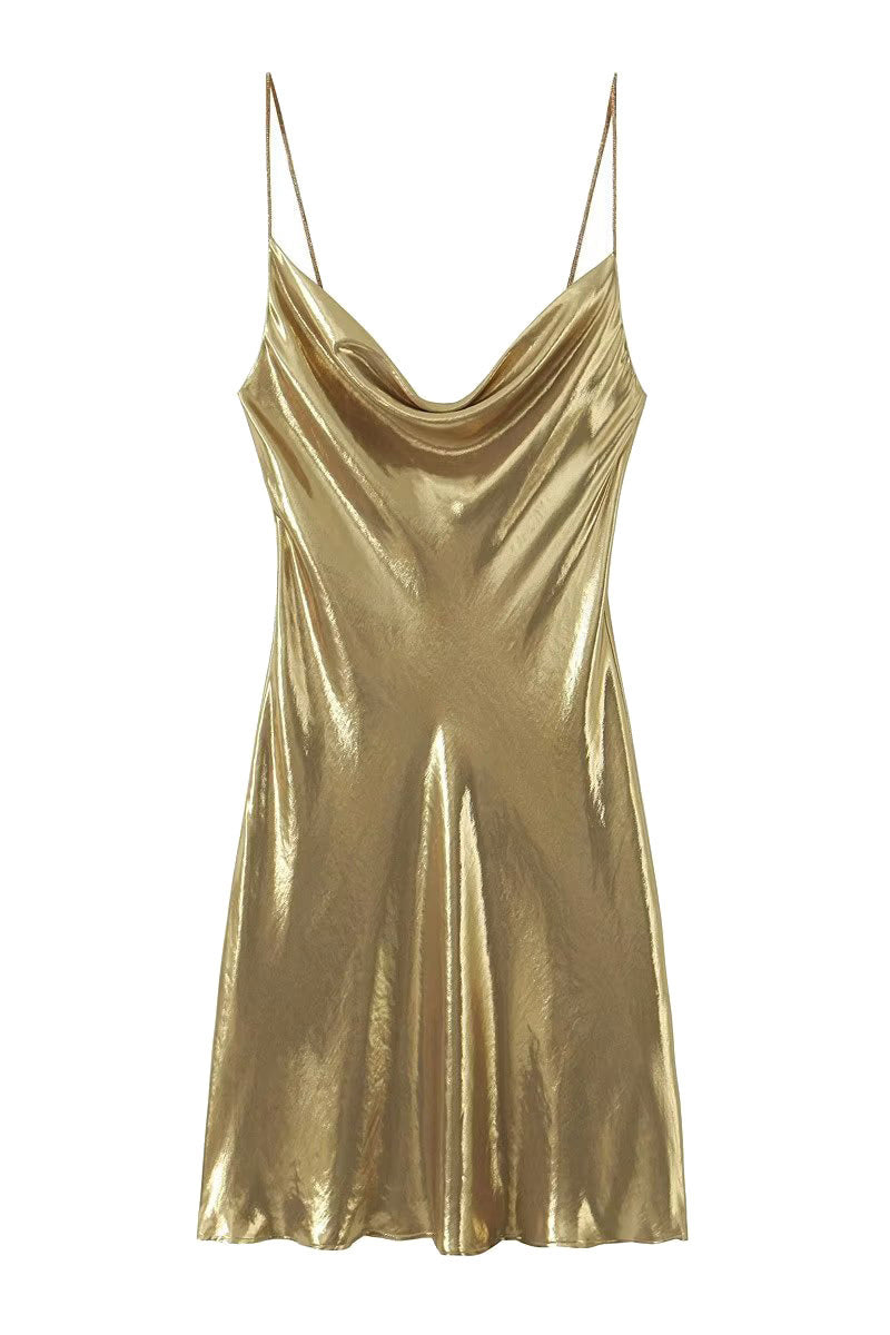 Draped Metallic Cowl Neck Mini Dress