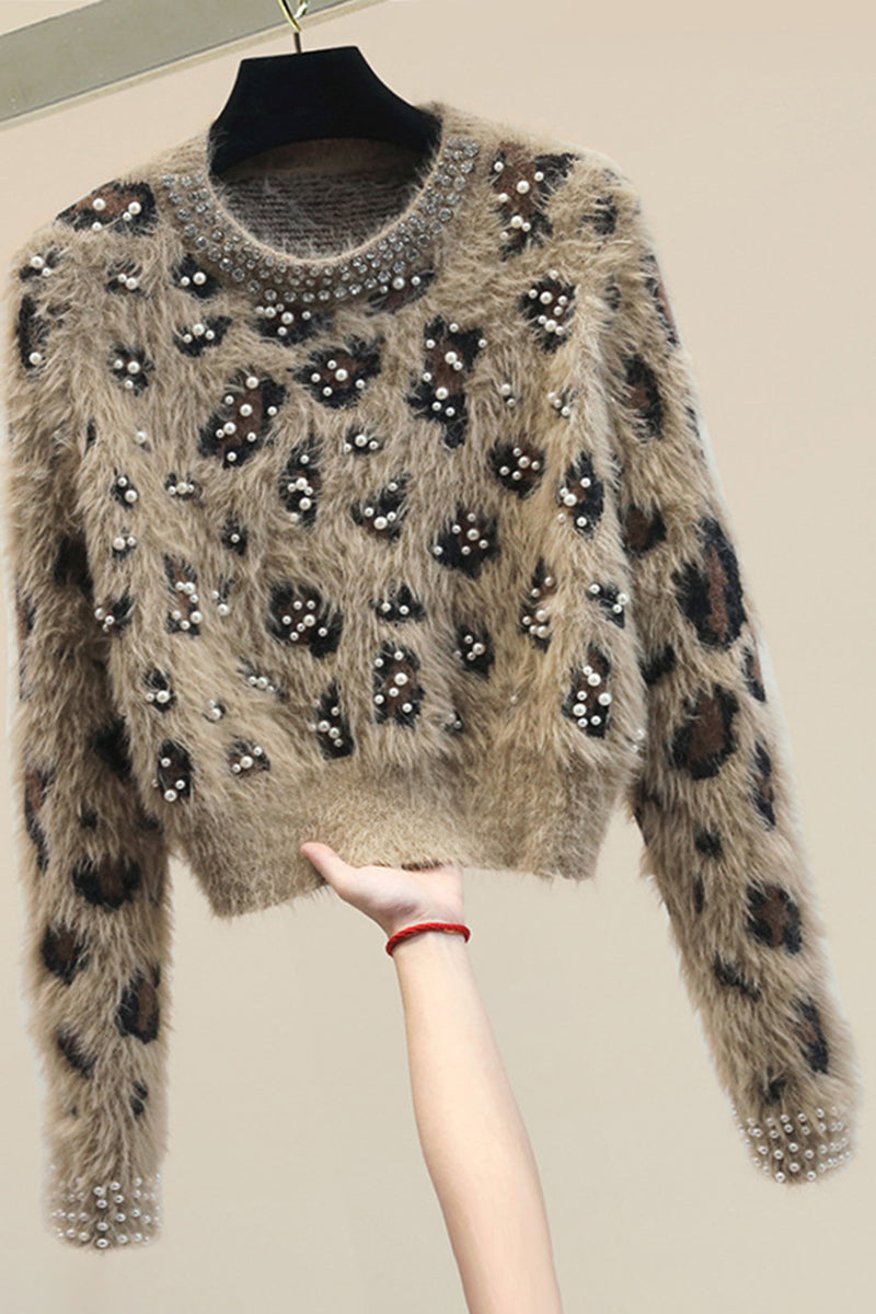 Beaded Animal Print Fuzzy Knit Sweater