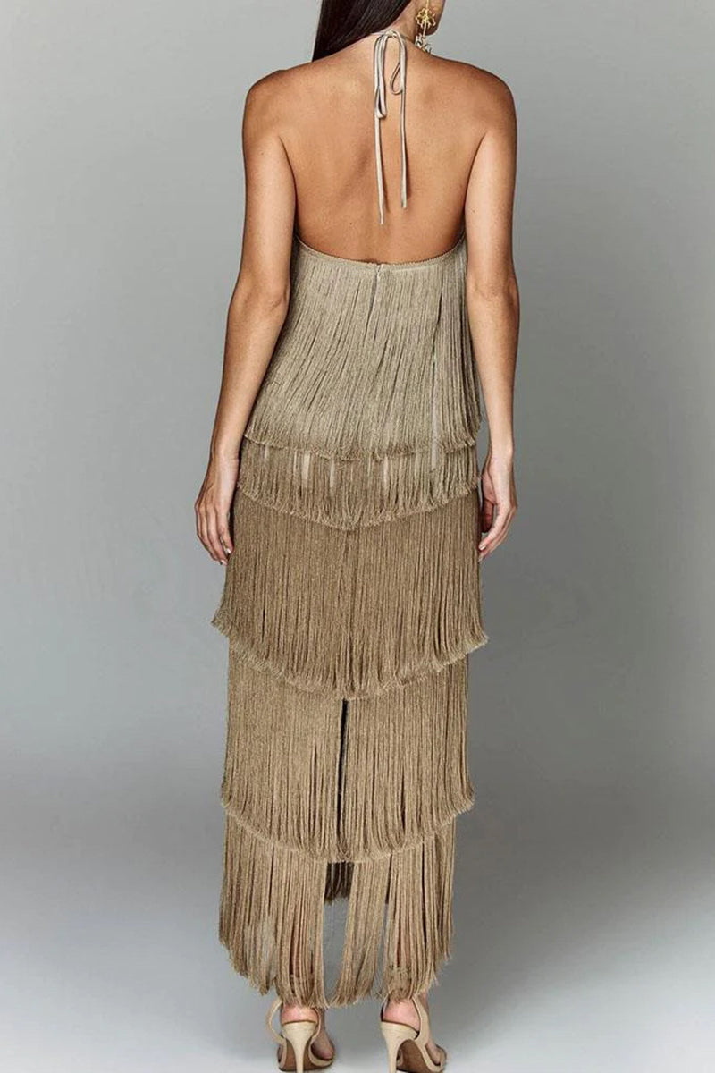 Tiered Fringe Halter Dress