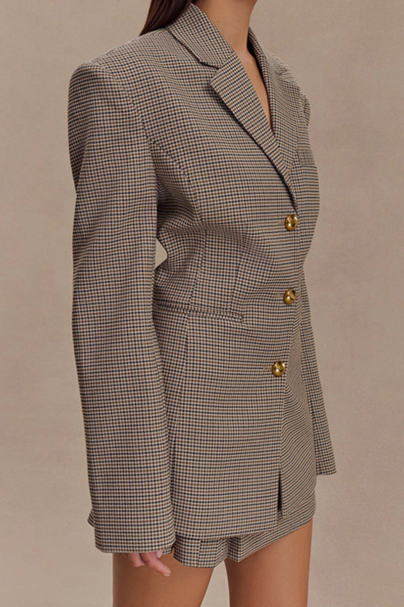 Tailored Plaid Blazer with Gold Buttons