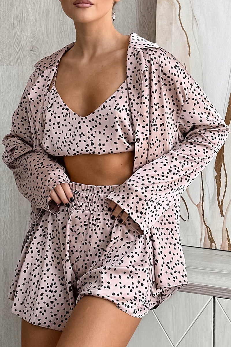 Three-Piece Polka Dots Bralette and Shirt and Shorts Set