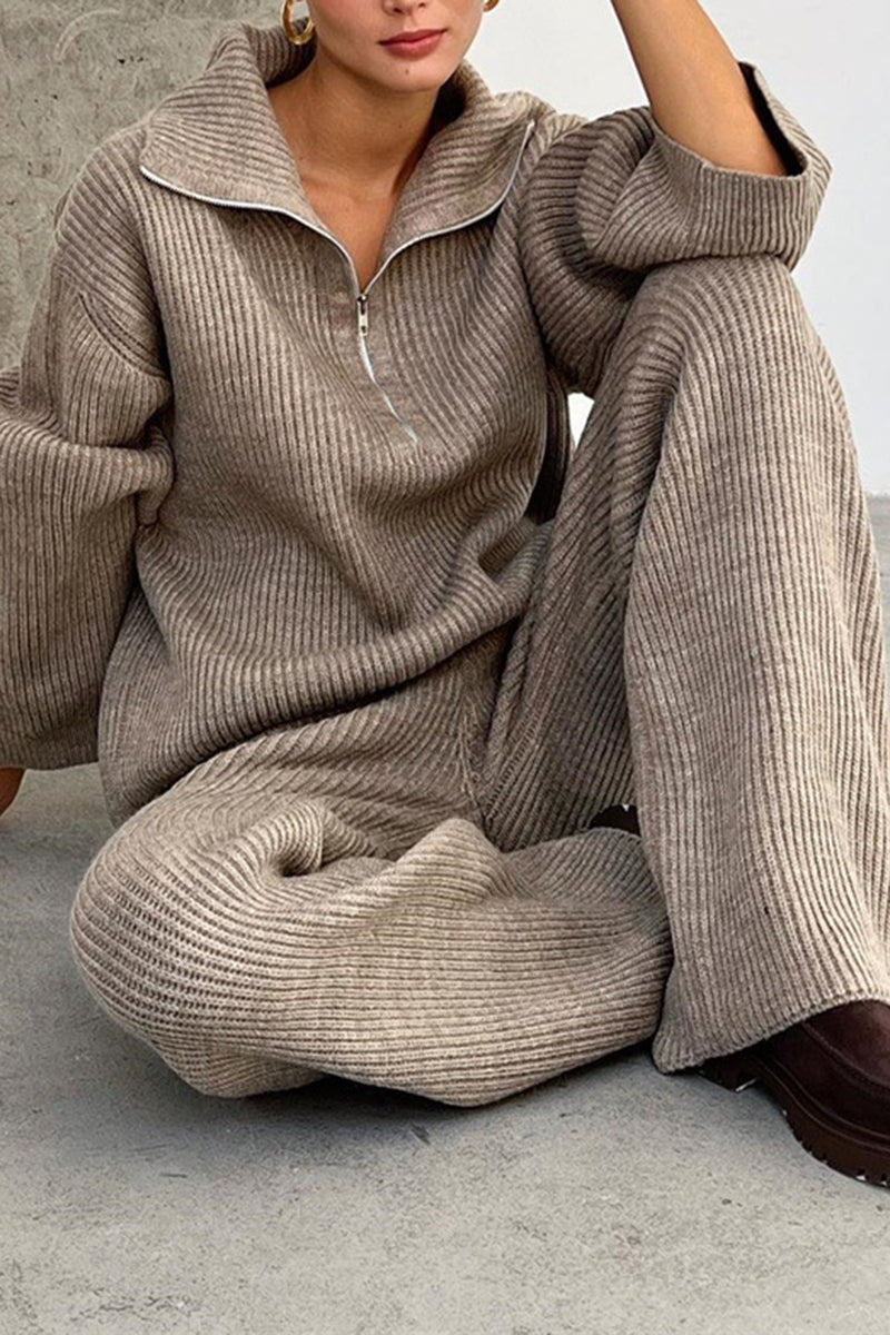 Ribbed Knit Half-Zip Pullover and Pants Set