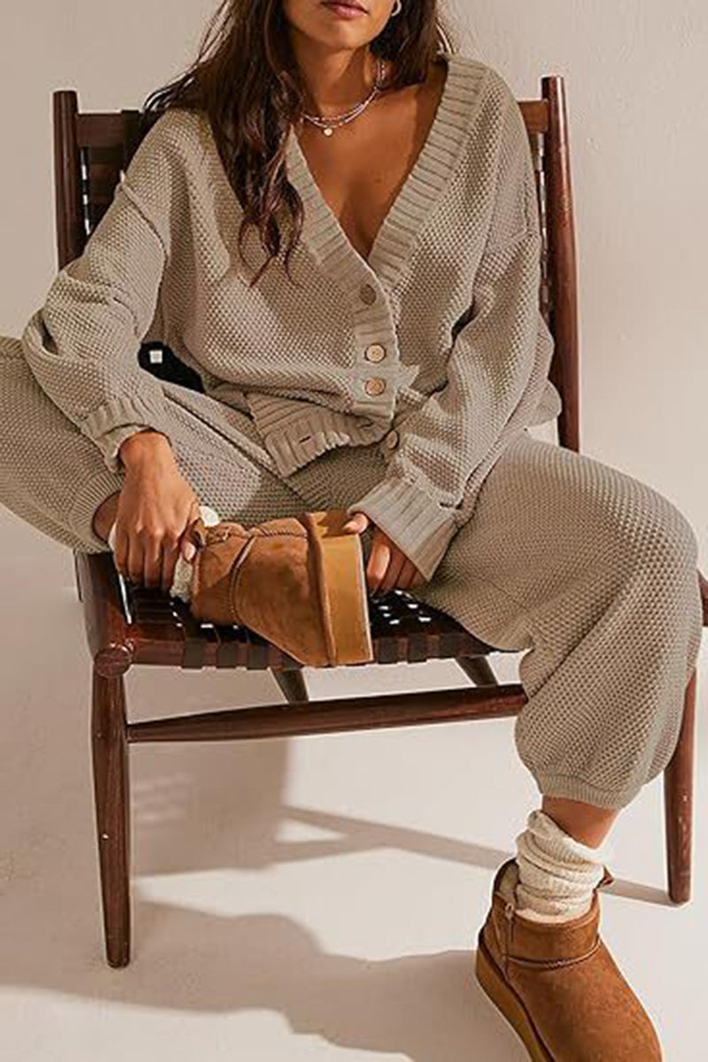 Button-Up Textured Knit Lounge Set