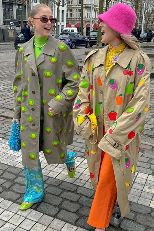 Playful Fruit Print Longline Coat