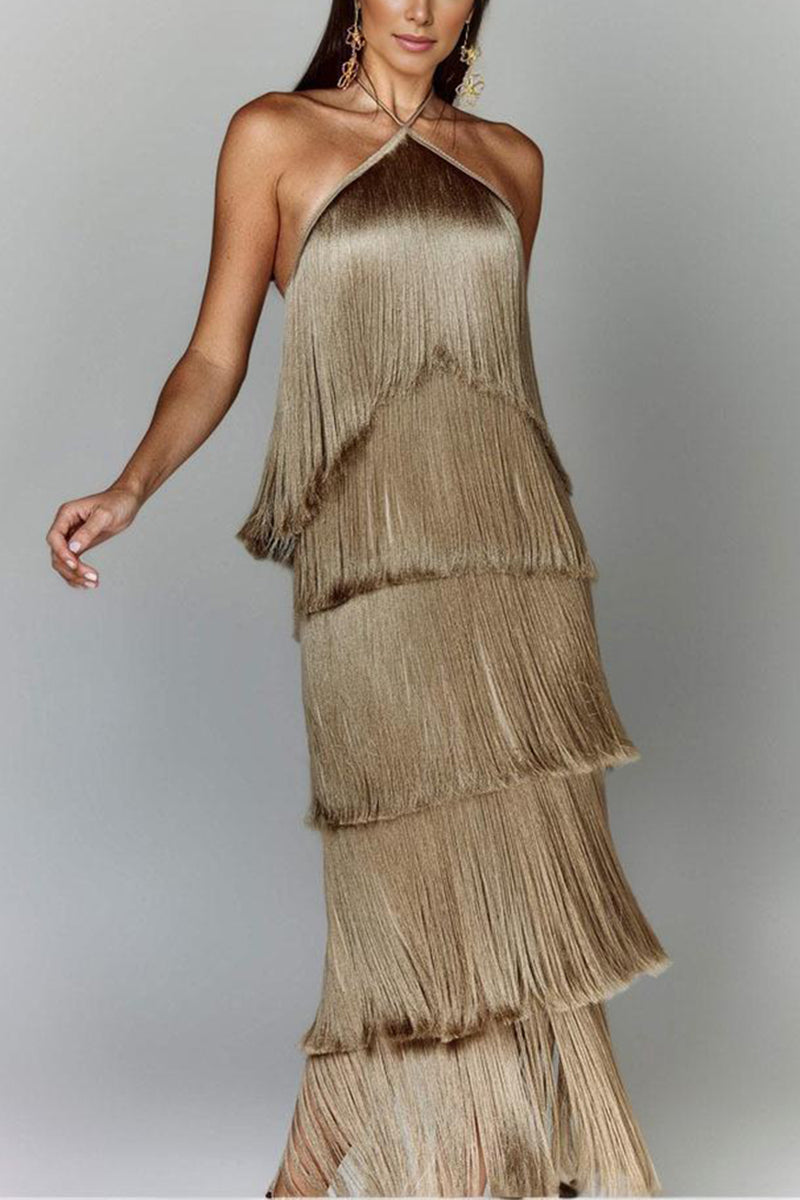 Tiered Fringe Halter Dress