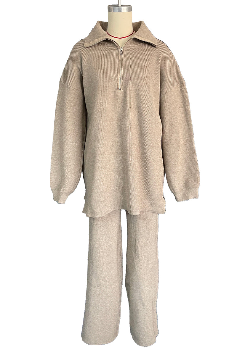 Ribbed Knit Half-Zip Pullover and Pants Set