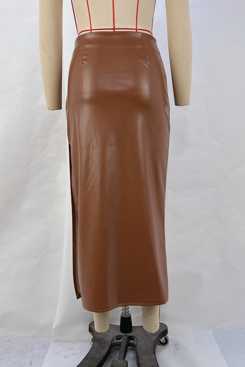 Faux Leather Skirt with Side Slit