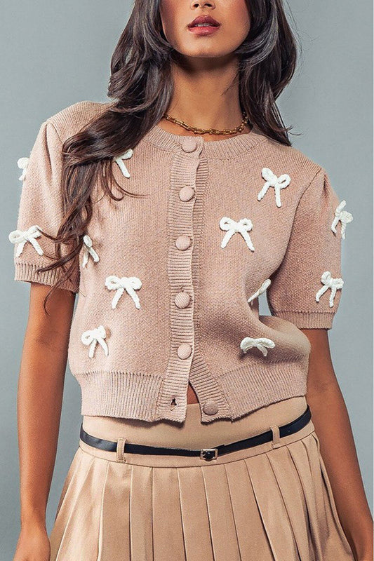 Bow Embellished Button-Up Cardigan