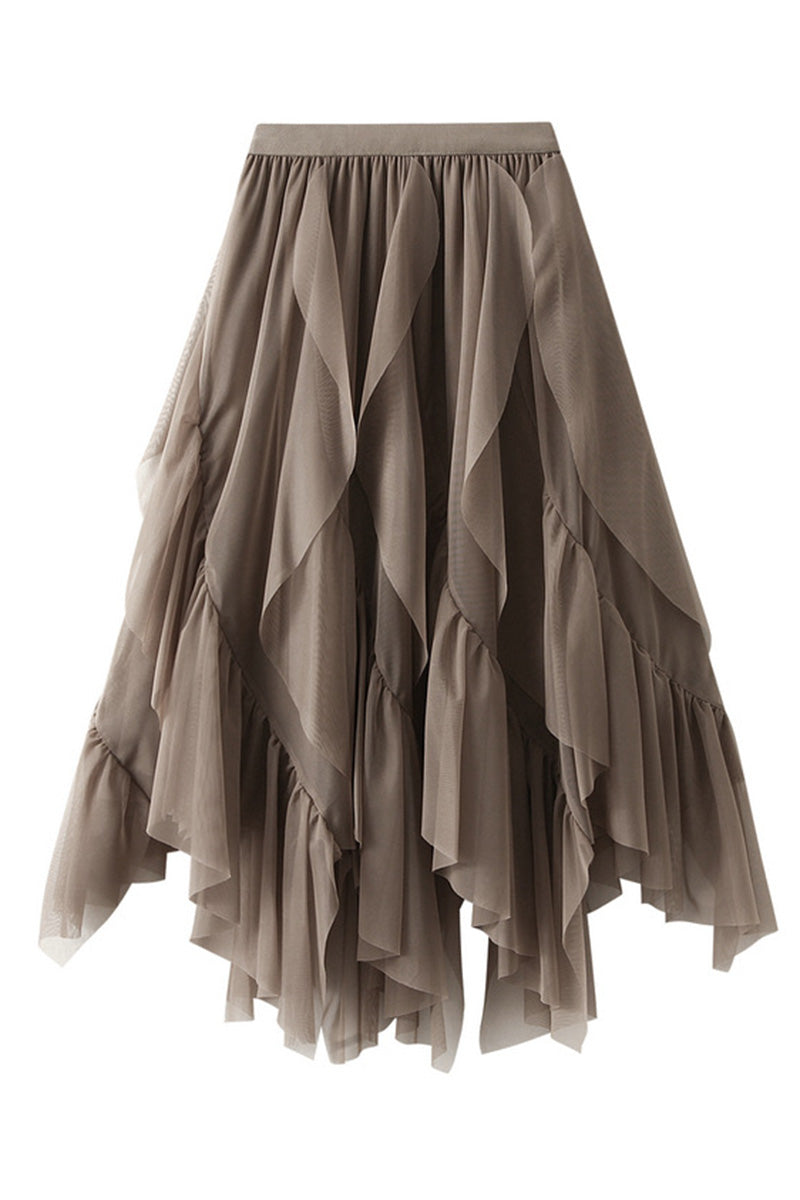 Layered Ruffle Midi Skirt with High-Low Hem