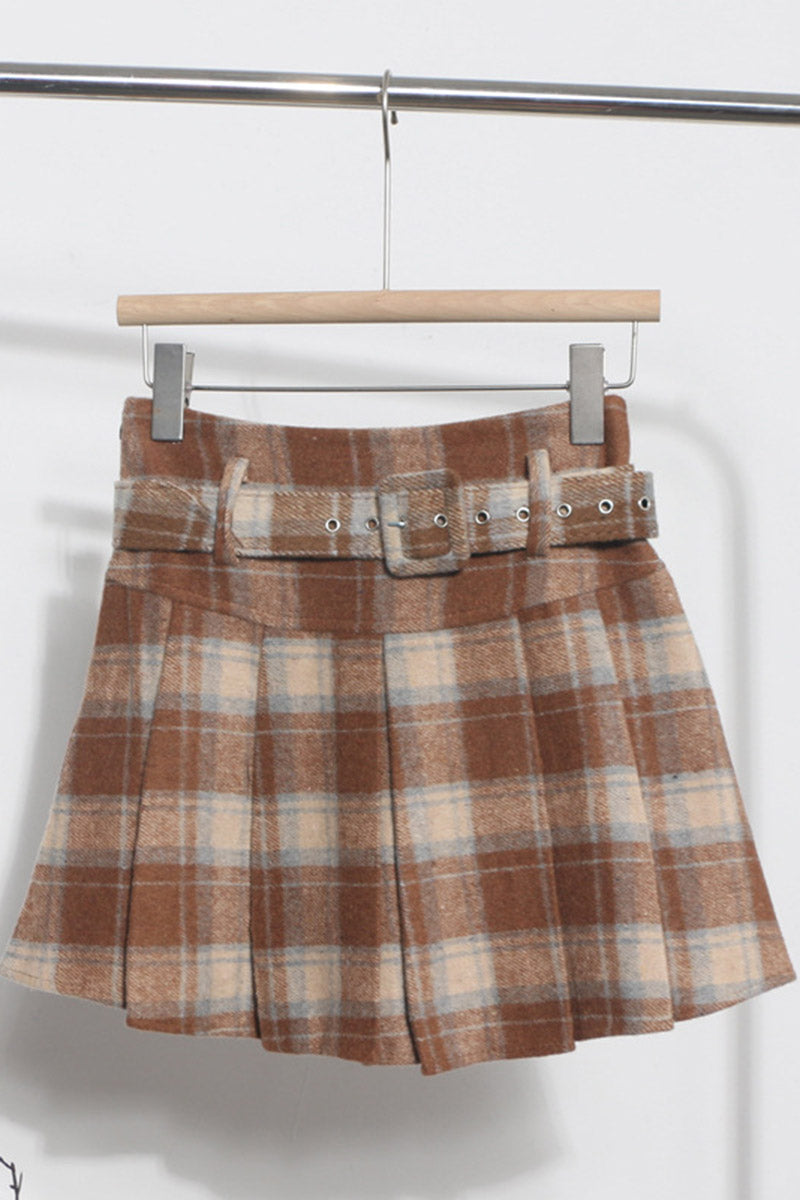 Belted Plaid Pleated Mini Skirt