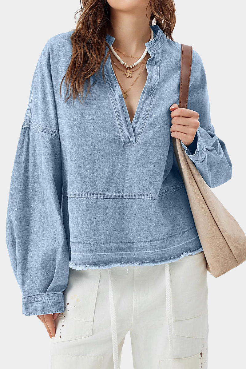 Oversized V-Neck Long Sleeve Denim Top