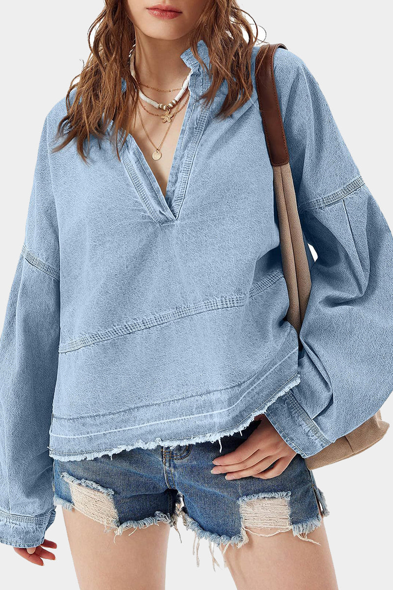 Oversized V-Neck Long Sleeve Denim Top