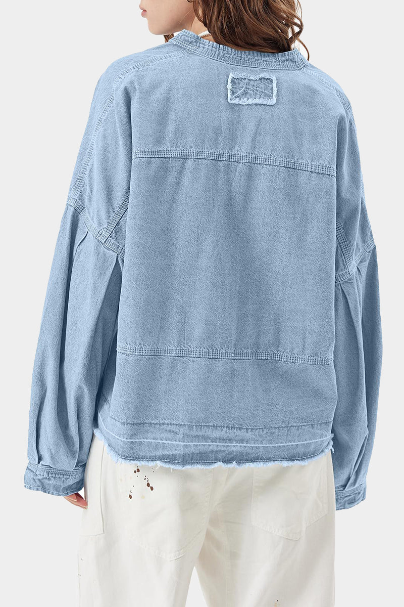 Oversized V-Neck Long Sleeve Denim Top