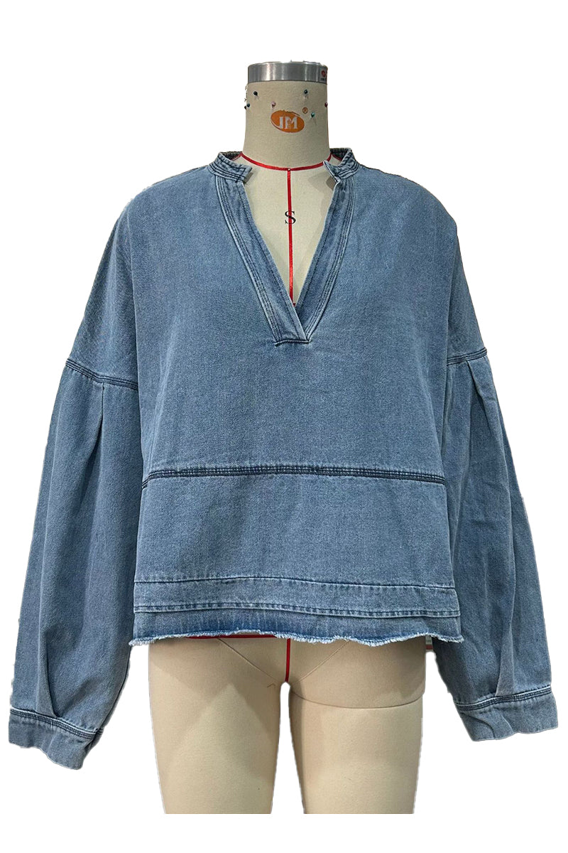 Oversized V-Neck Long Sleeve Denim Top