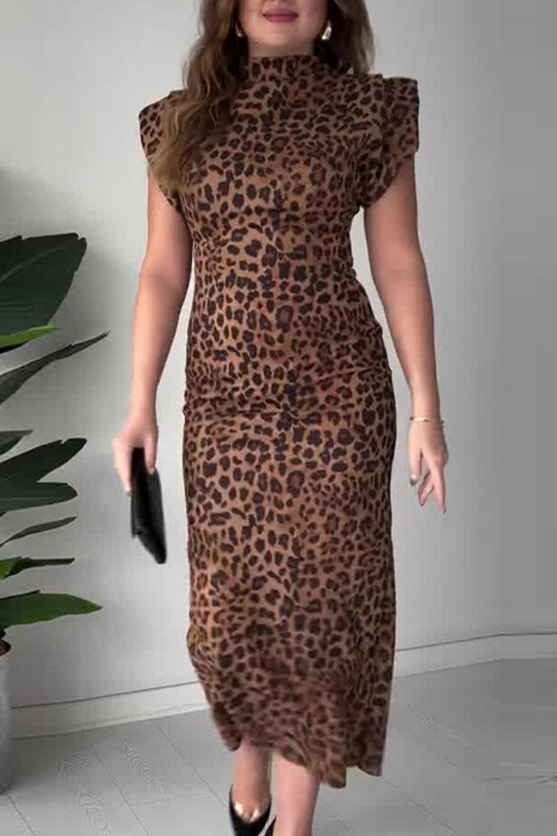 Animal Print Cap Sleeve Midi Dress