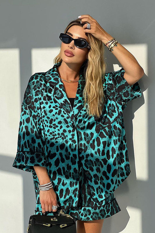 Leopard Print Kimono Shirt and Shorts Set