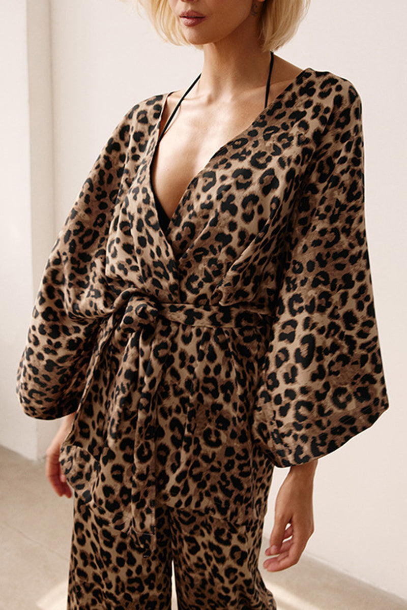 Leopard Print Wide Sleeves Top and Pants Set