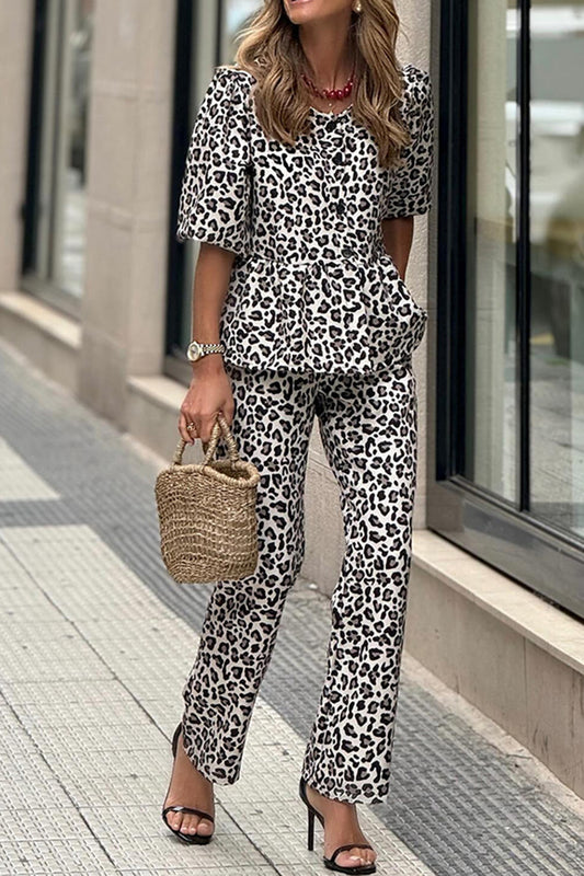 Leopard Print Short Sleeve Top and Pants Set