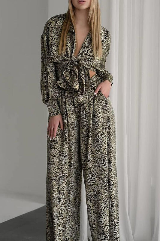 Leopard Print Long Sleeve Two-Piece Set