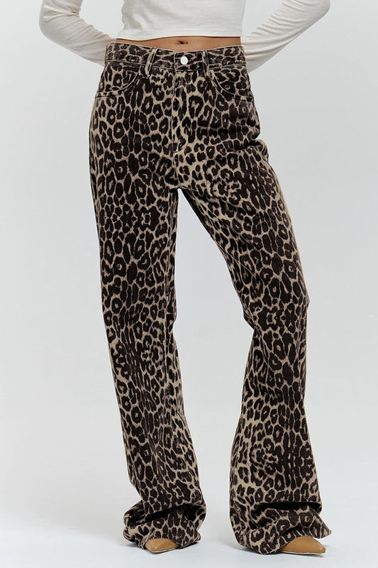 Leopard Print High-Waist Flared Pants