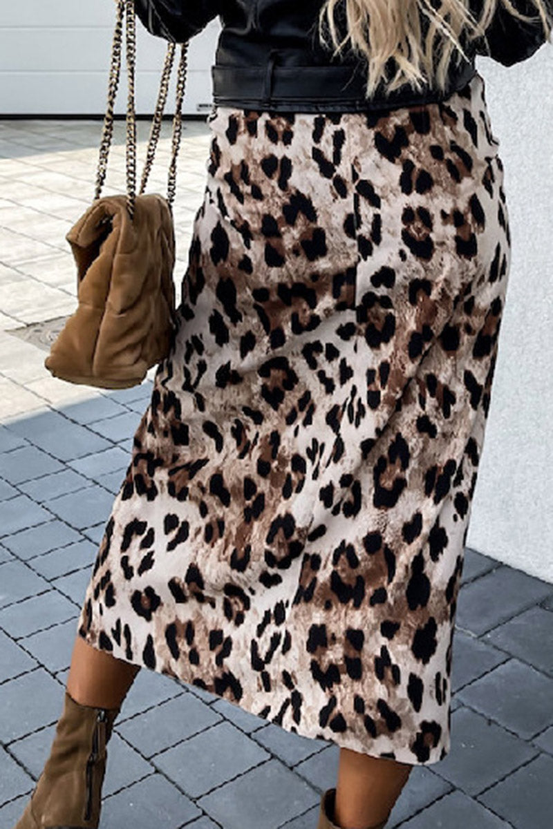 Leopard Print Midi Skirt with Front Slit