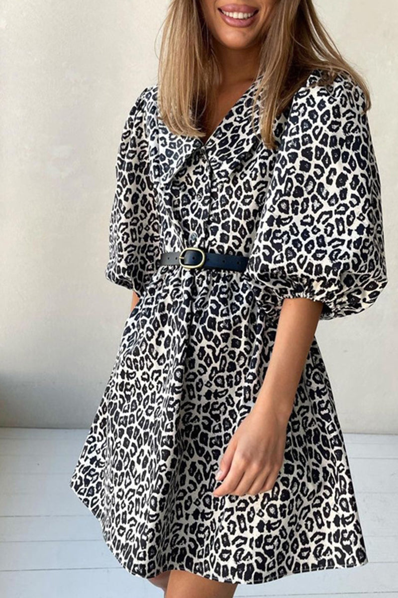 Puff Sleeve Leopard Print Belted Mini Dress