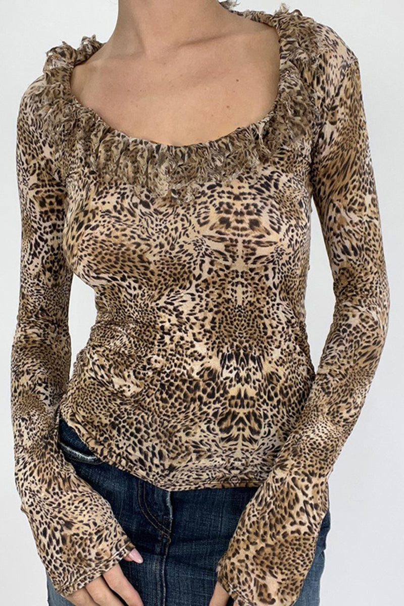 Ruched Leopard Print Long Sleeve Top