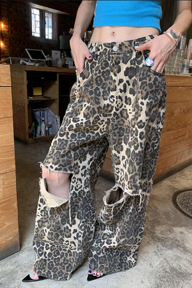 Distressed Leopard Print Wide-Leg Pants