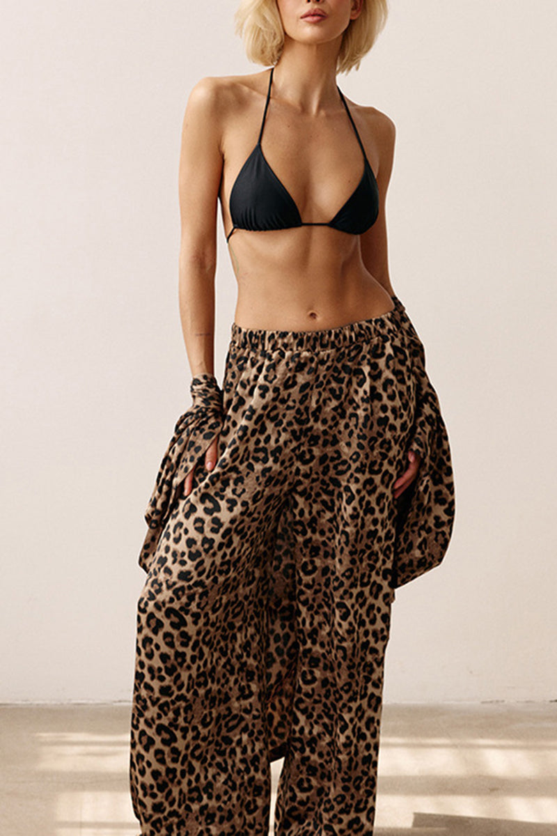 Leopard Print Wide Sleeves Top and Pants Set