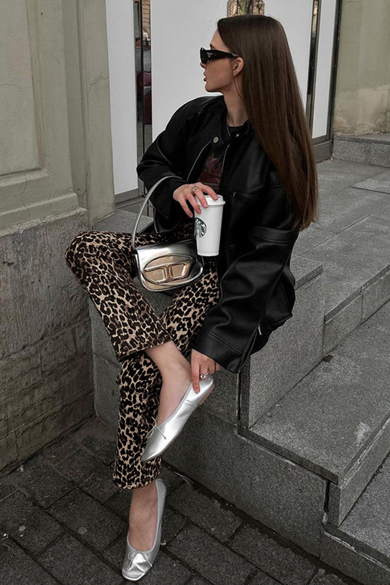 Leopard Print Straight-Leg Pants