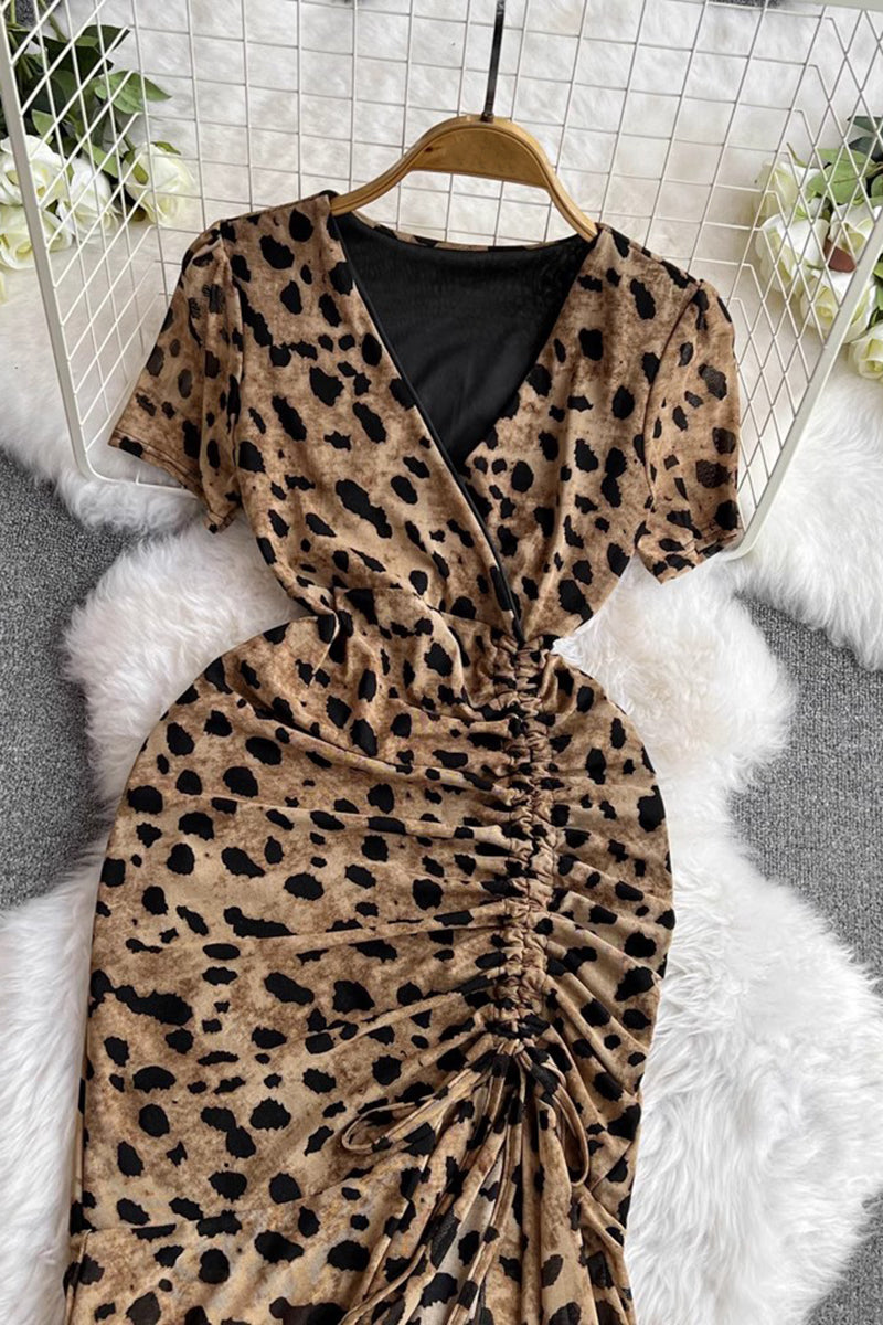 V-Neck Split-Hem Leopard Dress