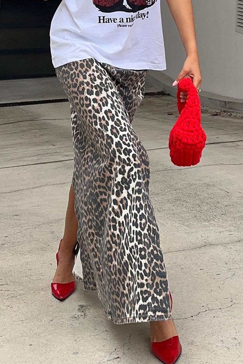 Split-Hem Leopard Print Maxi Skirt